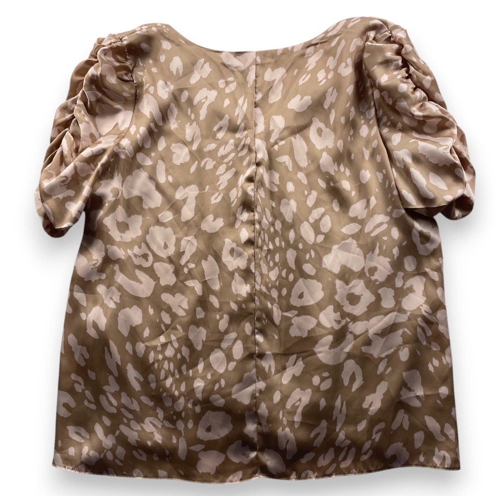 Adrienne Leopard Print V-Neck Satin Blouse Tan Ruched Puff Sleeve Top M 2489SAM - Picture 2 of 16